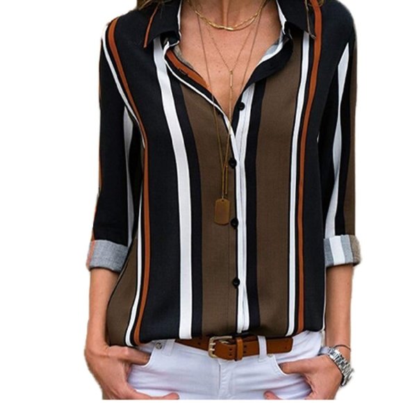 Astylish Womens V Neck Striped Roll up Sleeve Button Down Blouses Top - Picture 1 of 5